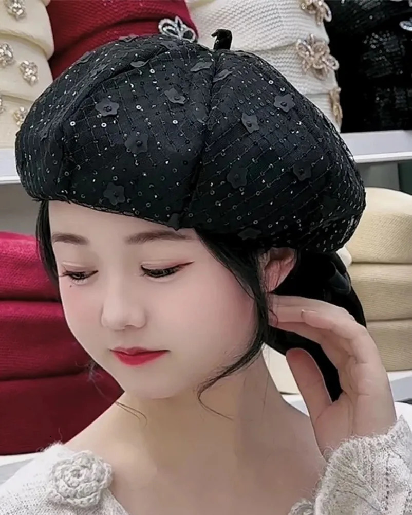 03-2508325 ins chic sequin mesh lace flower fashion sweet lady beret hat women Leisure painter cap 250712