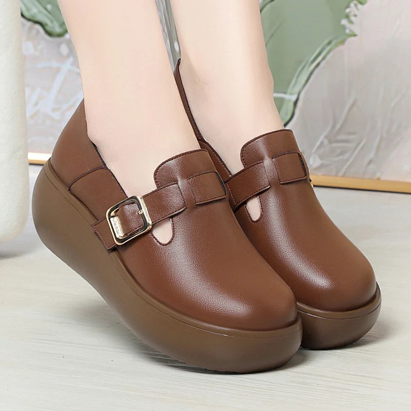 Spring Autumn Fashion Casual High Soft Bottom Leather Womens Round Toe Wedge Thick sole Anti-slip Single Shoes 250707