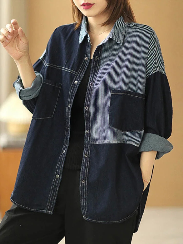 Amax luluE Korean Spring Womens Fashion Striped Denim Shirts Ladies Classic Casual Loose Blouses Vintage Patchwork Tops 250704