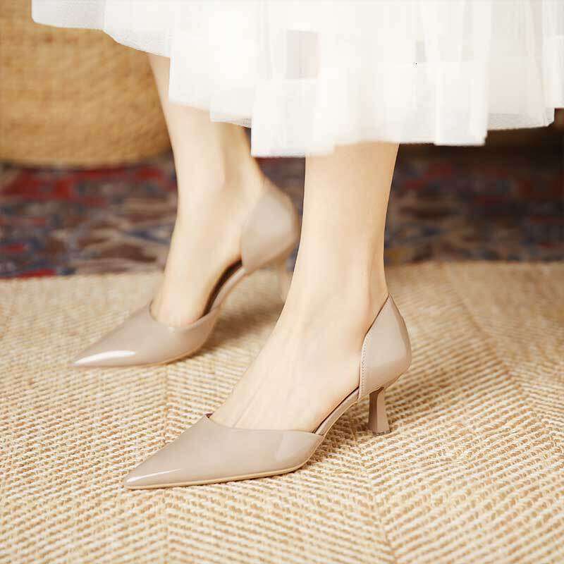 699-1 New French Style Hollow Stiletto Nude Patent Leather Pointed High Heels for Women Outdoor Wear Size 35-43