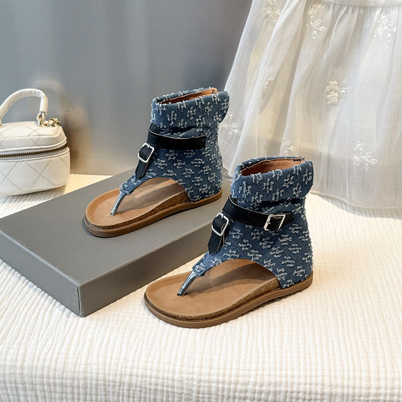 Denim Fashion Sandals new Summer Style Versatile and Stylish Toe - clip Low - heeled Roman Beach Shoes