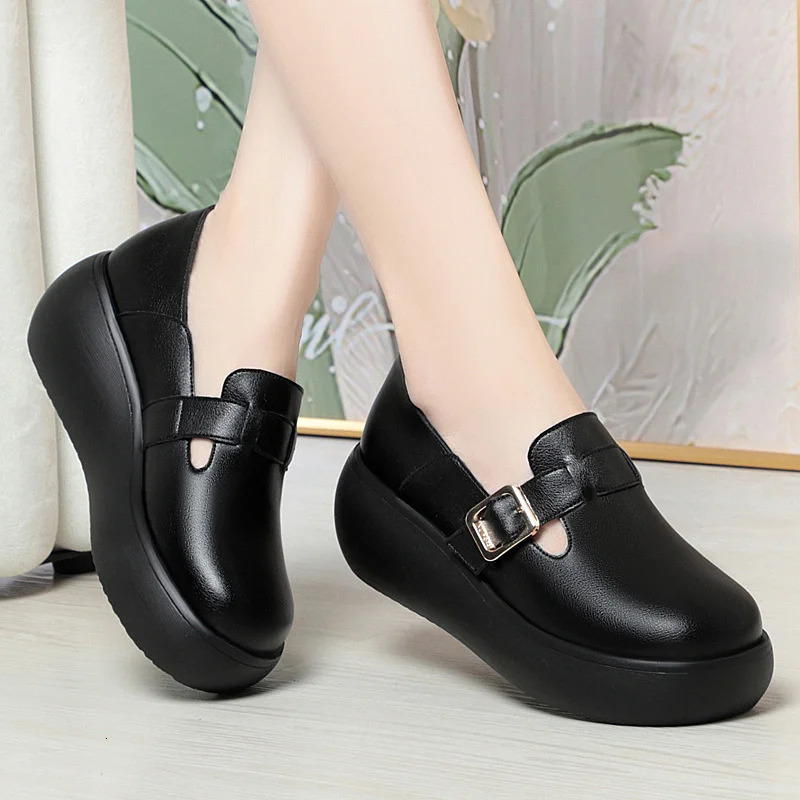 Spring Autumn Fashion Casual High Soft Bottom Leather Womens Round Toe Wedge Thick sole Anti-slip Single Shoes 250707