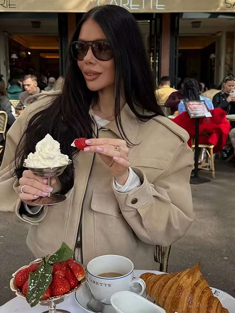 2025 Autumn Long Sleeve Bomber Jacket For Women Elegant Lapel Zipper Short Coats Office Lady Chic Street Casual Cropped Outwear