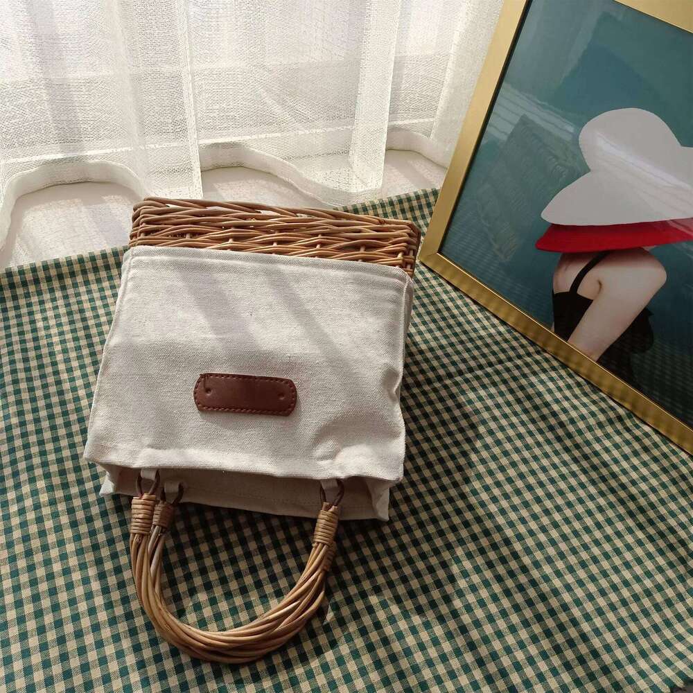 Handmade Straw Canvas Splicing Shoulder Woven Crossbody Rattan Portable Holiday Handbag Bucket Bag Female Summer