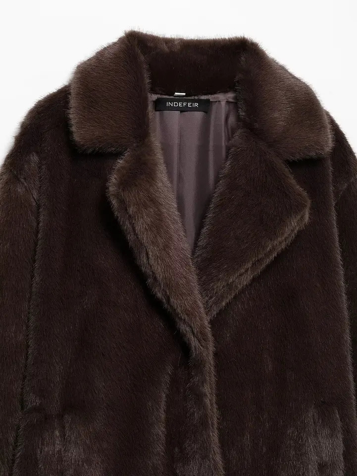 Womens Fall Winter Faux Fur Long Coat TRAFZA Vintage Lapel Buttons Loose Coat Fashion Casual High Street Warm Coat 250708