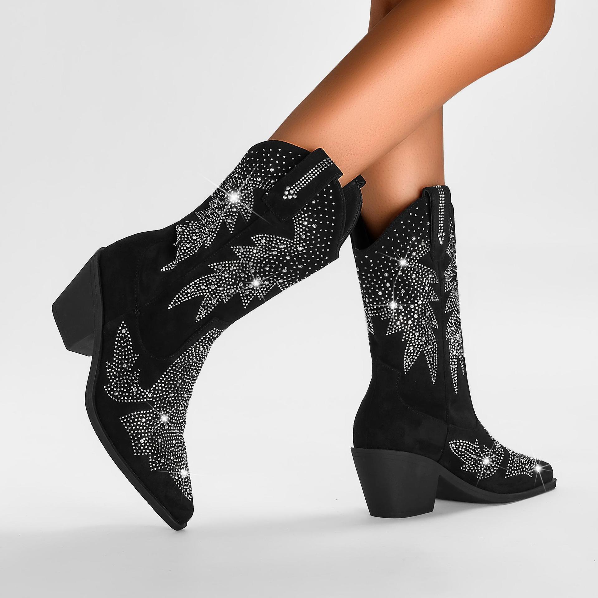 Women's Western Rhinestone Ankle Boots - Pointed Toe Block Heel Suede Fashion Booties
