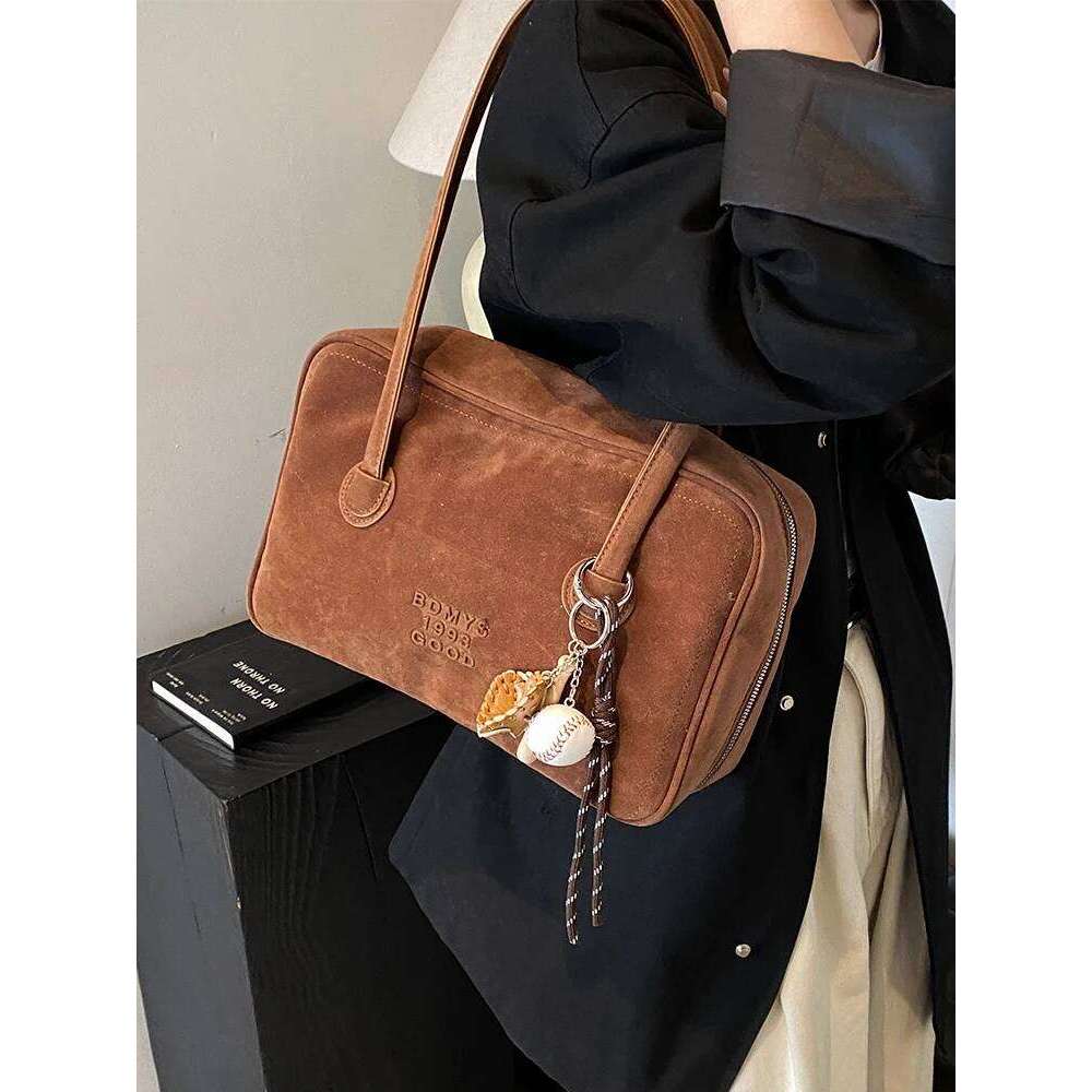 Retro Faion Suede Oulder Large Capaci Boston Bag Spring Summer 2025 Women's Handbag Soft Polyester
