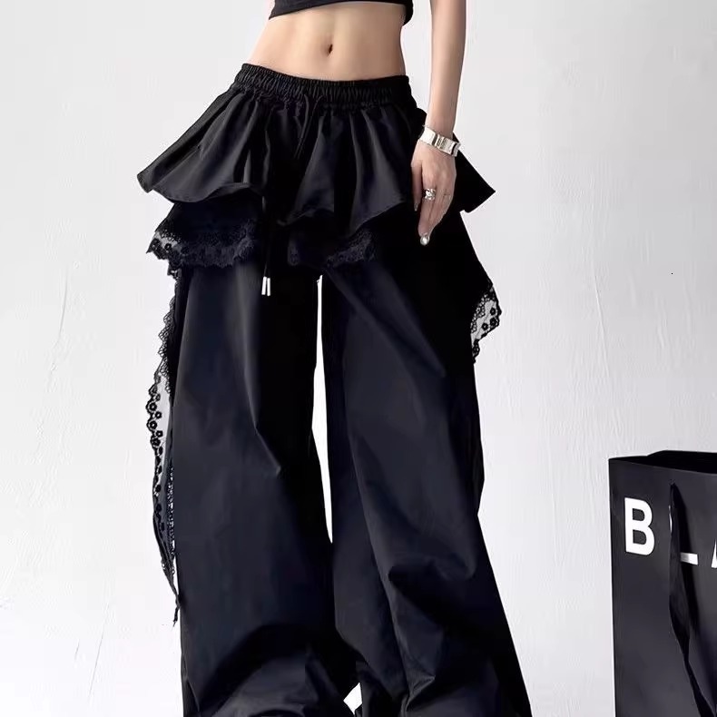 Summer new women's pants, new layered hem work pants, women's summer American retro loose fit straight leg wide leg pants, new designer pant