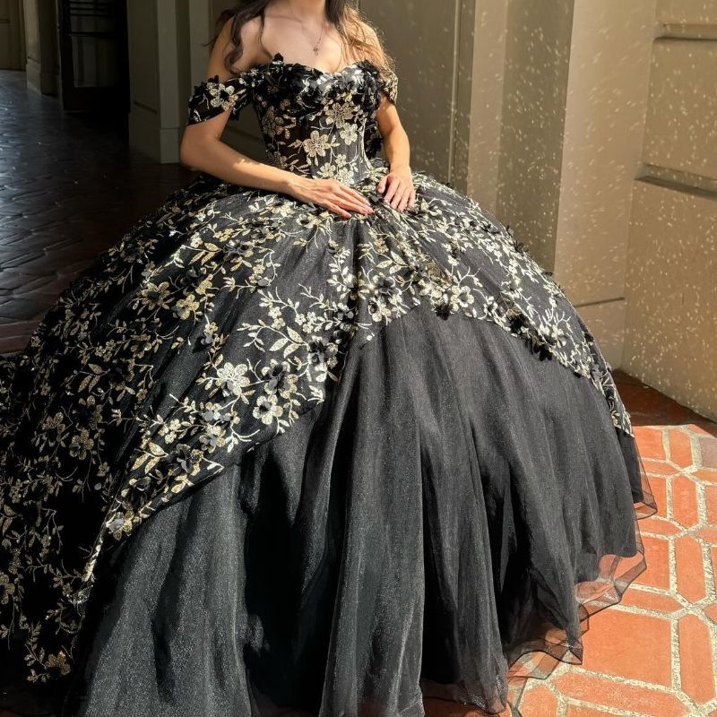 Black Sparkly Quinceanera Dresses Off Shoulder Sequin Gold Appliques Lace Beads Ball Gown Sweet 16 Dress Party Birthday Vestidos De 15 Anos