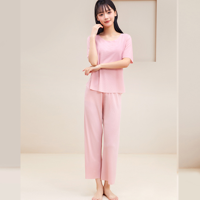 X197-Spring and summer ice silk couple pajamas set seamless loose large size home clothes women's pajamas