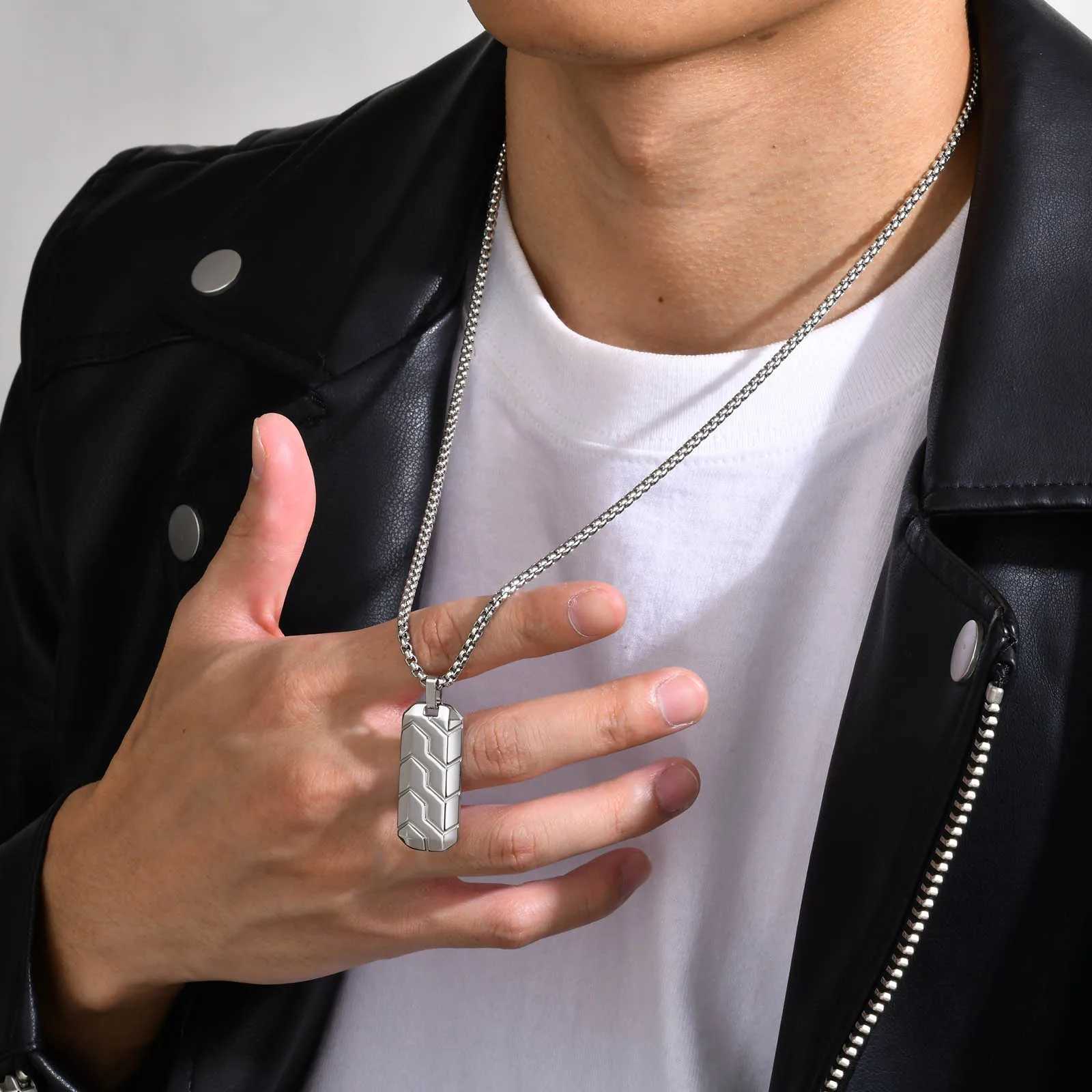 Vnox Cool Tire Pattern Necklaces for Men Boys Stainless Steel Geometric Bar Pendant Collar Punk Stylish Gifts for Him W250712