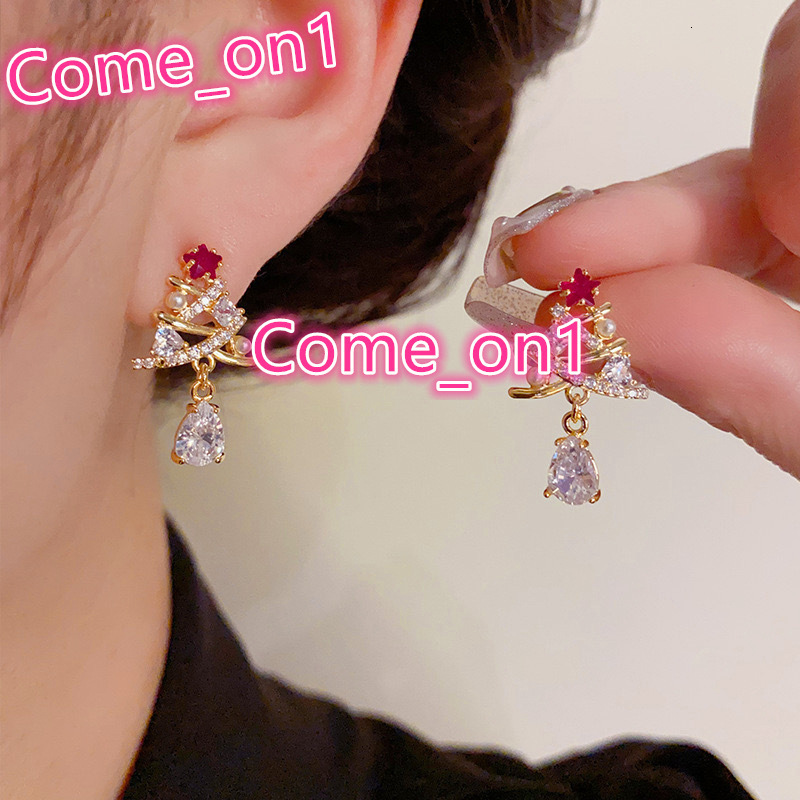 Exquisite Christmas Tree Design Red/Green Cubic Zirconia Pearl Earring for Women Trend Party Gold Plated CZ Stud Earrings