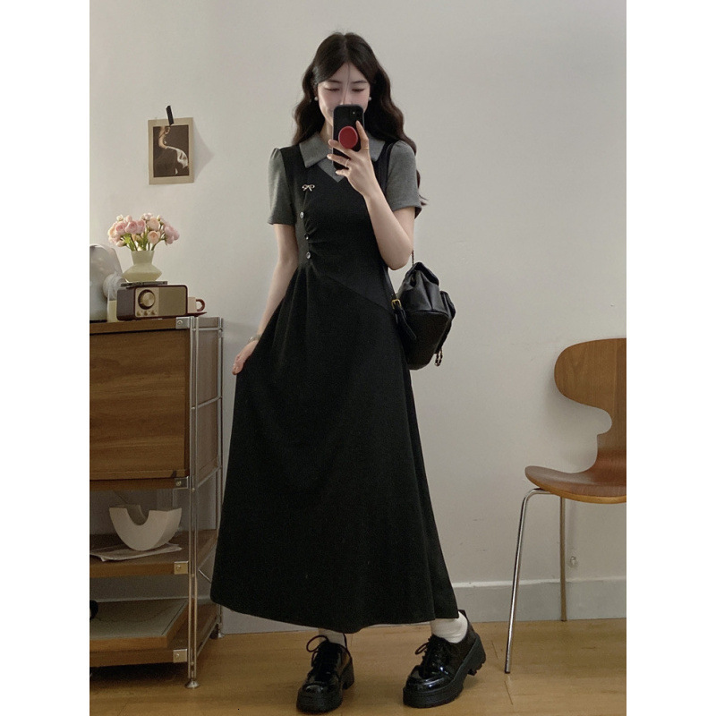 2025 Summer dress new women's dress French fake two-piece set Polo collar dress new college style slim and elegant long dress new designer luxury