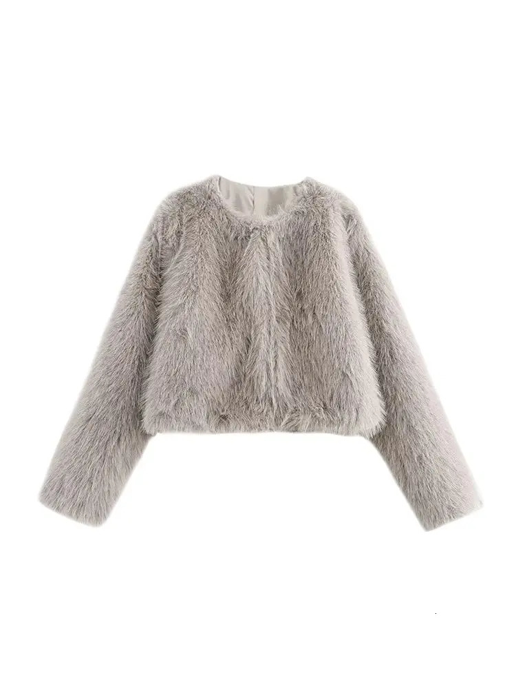 TRZA-Womens Thick Warm Faux Fur Cropped Jacket O Neck Long Sleeve Female Outerwear Chic Tops Fashion 250708