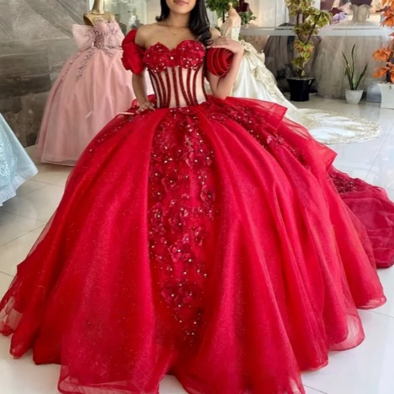 Red Shiny Quinceanera Dresses Off the Shoulder Applique 3D Flower Lace Beads layering Long tail Vestido 15 De Anos Sweet 16 Dress
