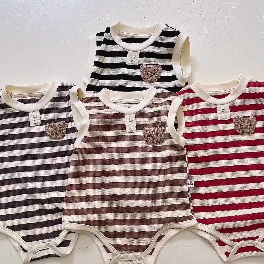 Baby Boy Girl Striped Bear Romper Ribbed Sleeveless Bodysuit Jumpsuit Infant Knitted Outfits Clothes Z250712
