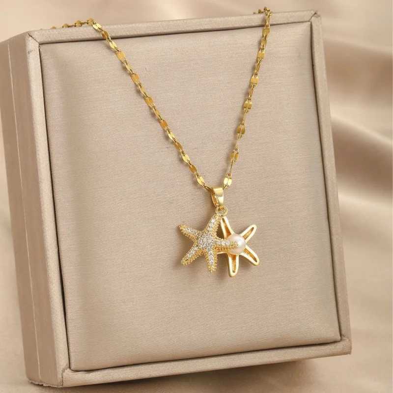 Stylish and Attractive Titanium Steel Necklace with Copper Micro-inlay Featuring Starfish Pendant and Zircon W250712