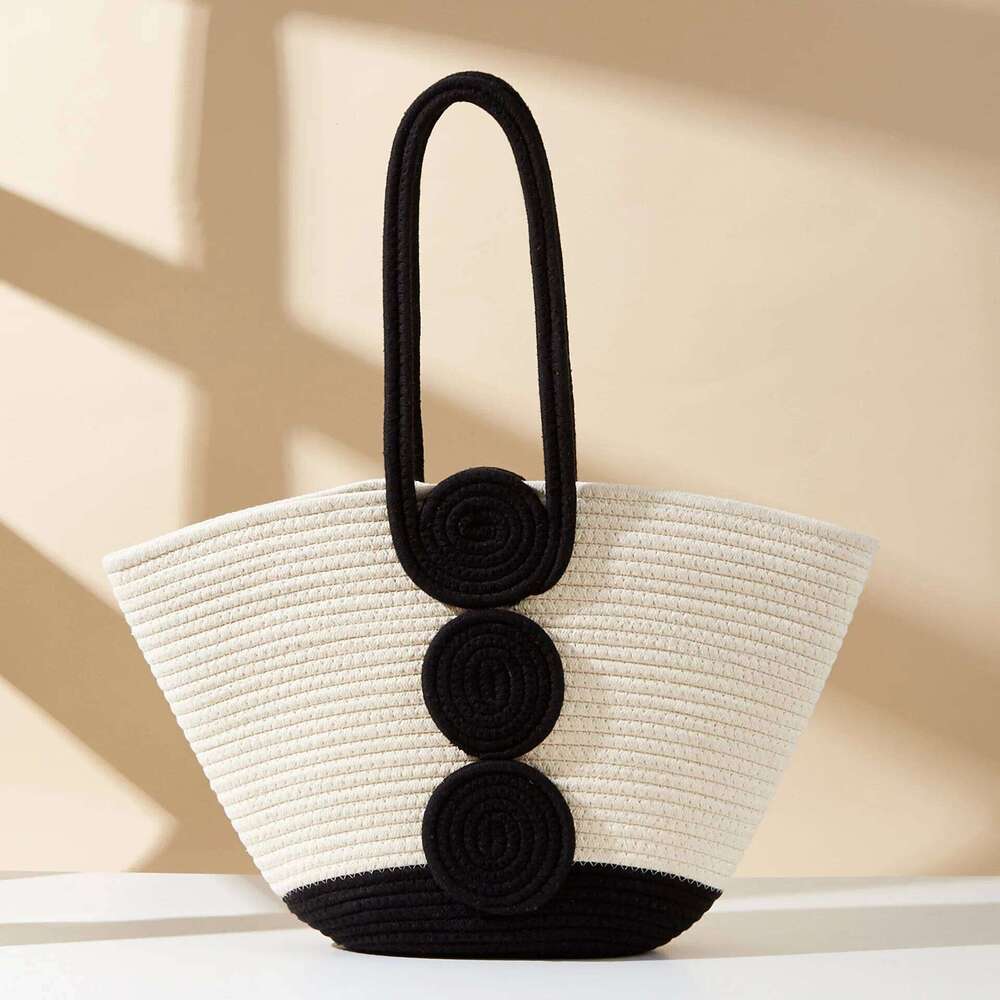 New Cotton Thread Straw Wheel Women's Woven Handheld Vacation Leisure Street Photography Shoulder Beach Bag