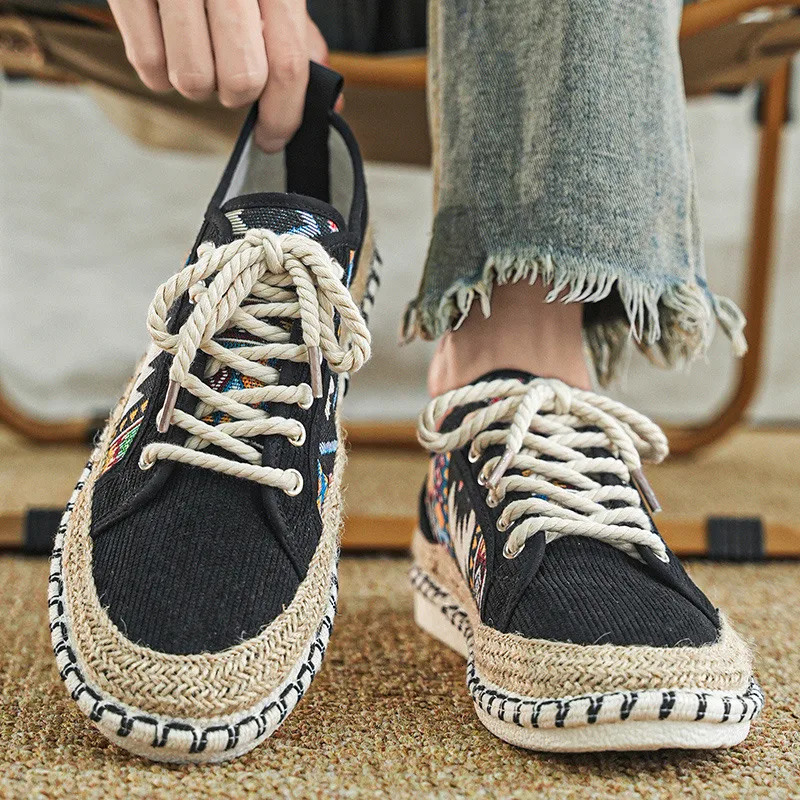Ethnic Print Mens Fisherman Shoes Comfortable Breathable Men Canvas Shoes Lace-Up Flat Casual Shoes For Men Espadrilles Hommes 250712