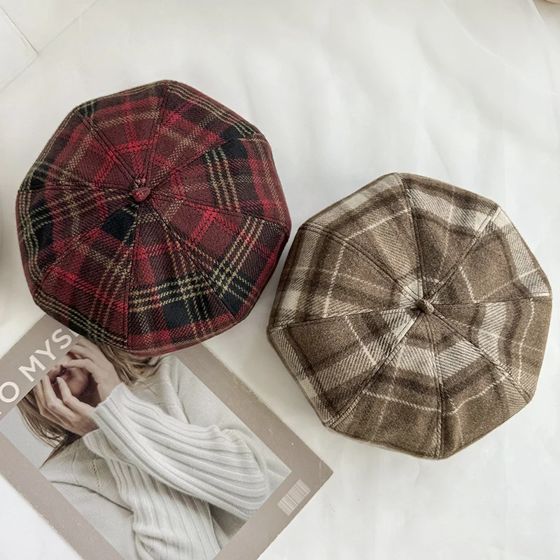 Autumn and Winter Retro Plaid Beret Female British Style Fashion Versatile Octagonal Hat Street S Thickened Warm Painter Hats 250712