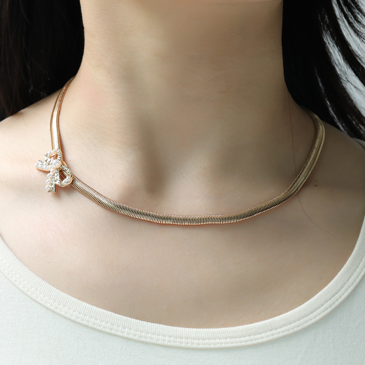 Luxury Jewelry Designer Jewelry Kenjie Snake Chain Bowknot Earrings Necklace Set Cross-border Hot Selling Gold Bowknot Simple Fashion Flat Snake Chain