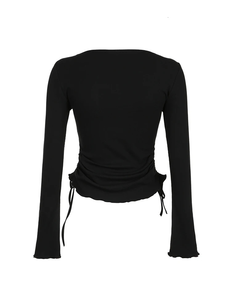 Black Solid Ribbed O Neck Slim Long Sleeve Basic Long Sleeve T Shirt Women Side Shirring Lace-Up Chic Fashion Elegant Simple Tee 250707