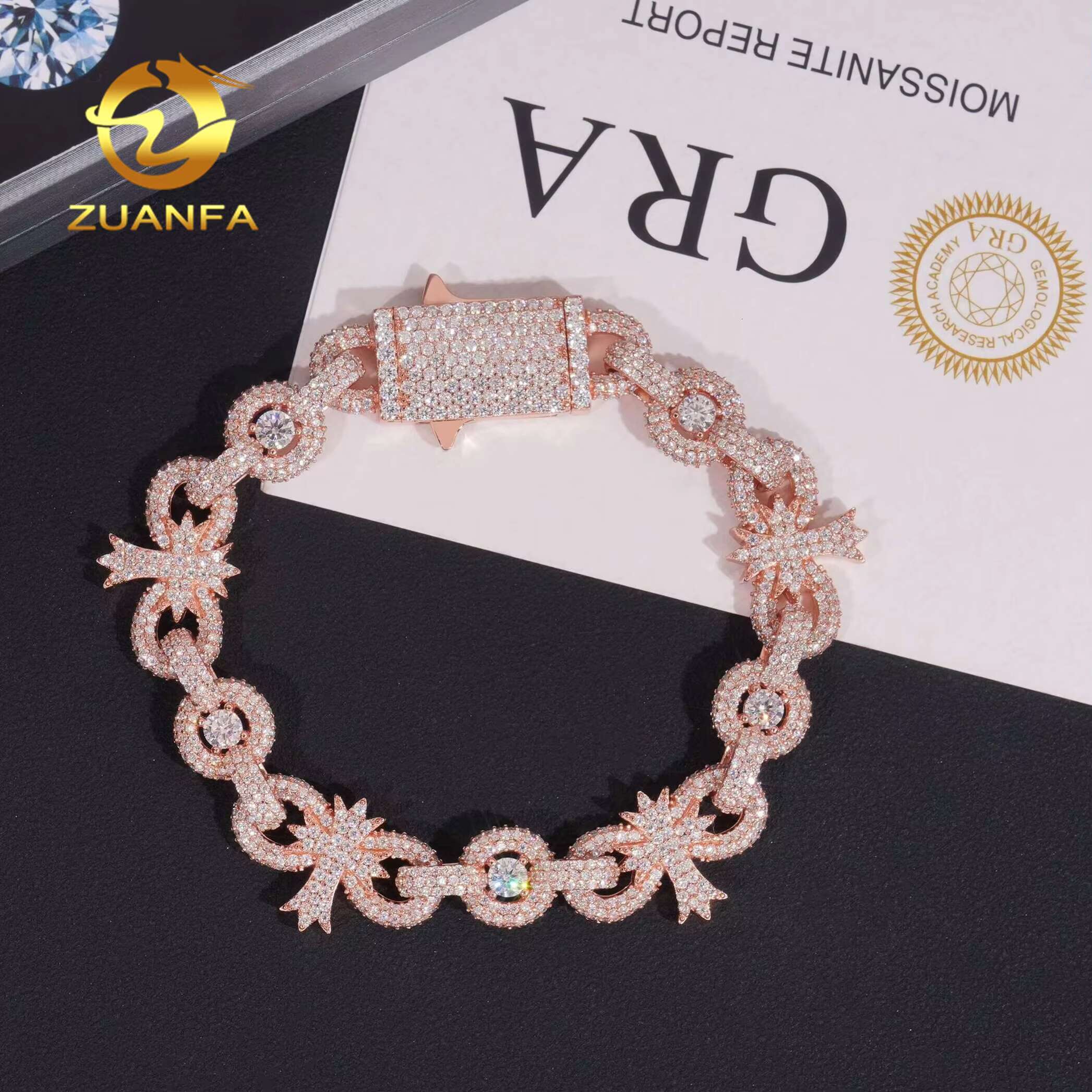 Zuanfa Jewelry Big Stones Moissanite Cross Bracelet 10mm Infinity Cuban Link Chain Moissanite Cuban Link Bracelet Cuban Chain