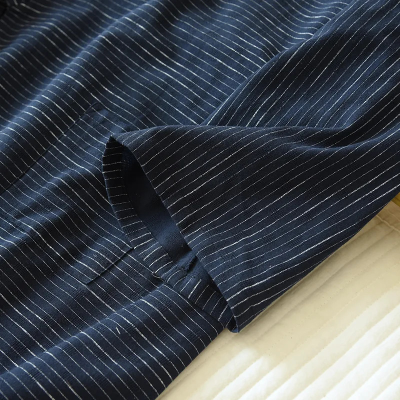 Spring And Summer Style Japanese Kimono Mens Bathrobe 100%Cotton Striped Nightgown Plus Size Yukata Home Sweat Steaming Set 250710