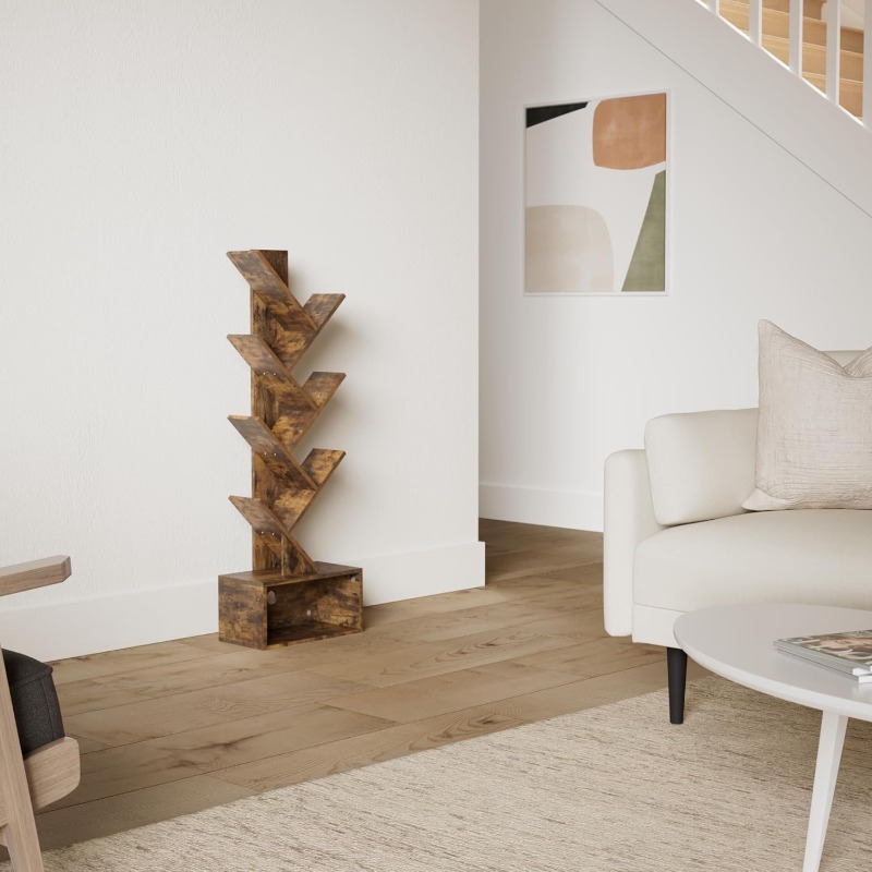 Tree Bookshelf - 6 Dwe74 Shelf Retro Floor Standing Bookcase, Tall Wood Book Storage Rack For Cds/Movies/Books,