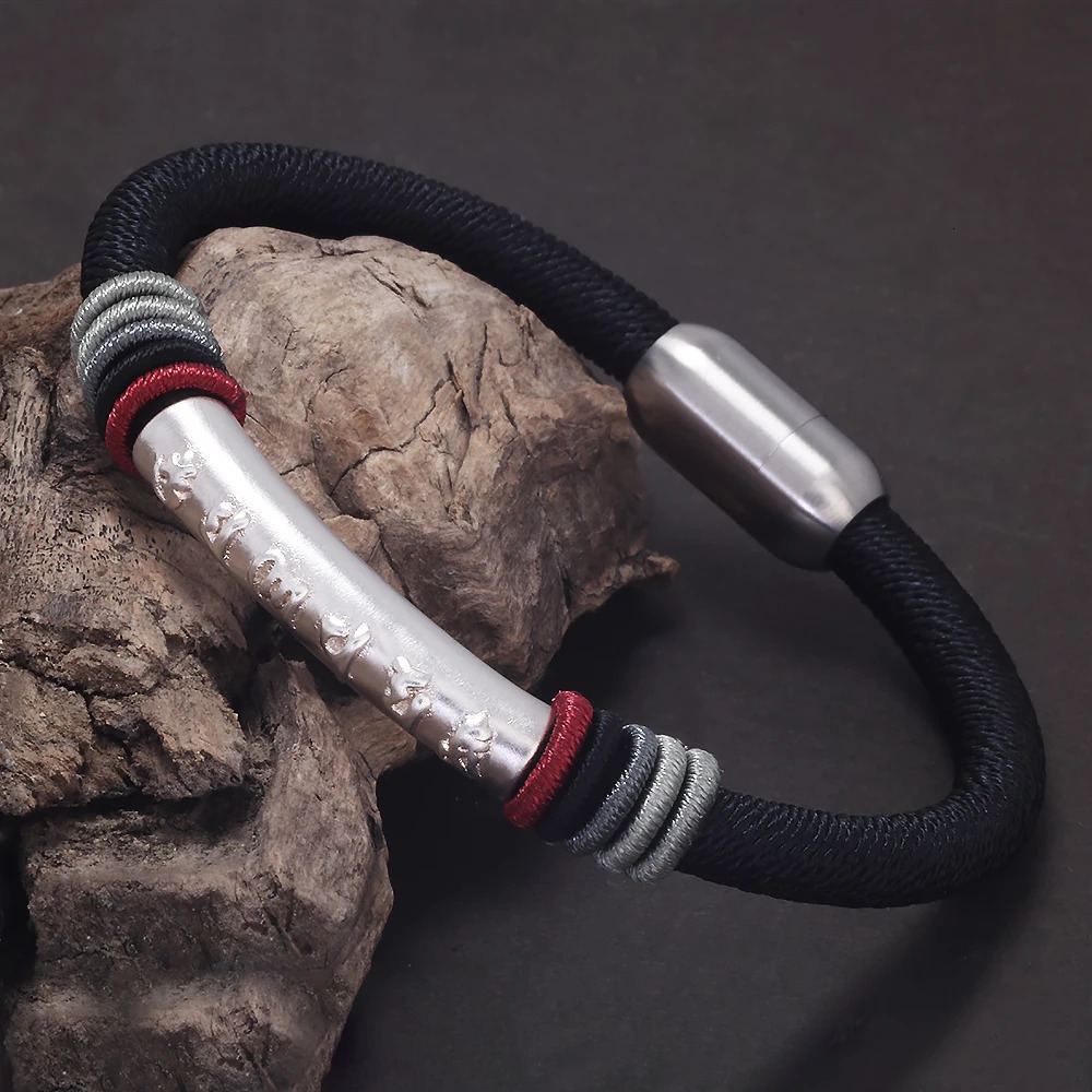999 Pure Silver Six Words Mantra Tube Charm Rope Bracelet Hand Woven Black Red Braided Bracelet Women Men Retro Jewelry 250712