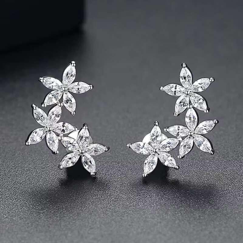 Hot Sale Luxury Flowers Earrings Piercing Crystal Cubic Zirconia Delicate Women Statement Jewelry Silver Plated Earrings