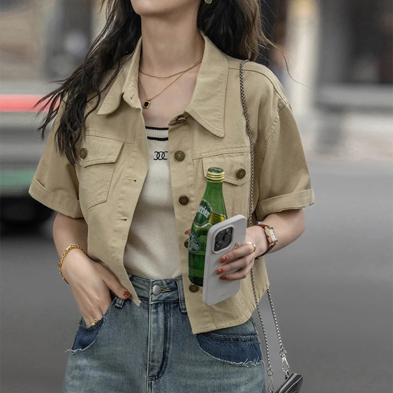 Vintage Khaki Denim Shirt Women 2025 High Street Short Sleeve Cropped Summer Streetwear Y2K Cargo Jacket Female 250704