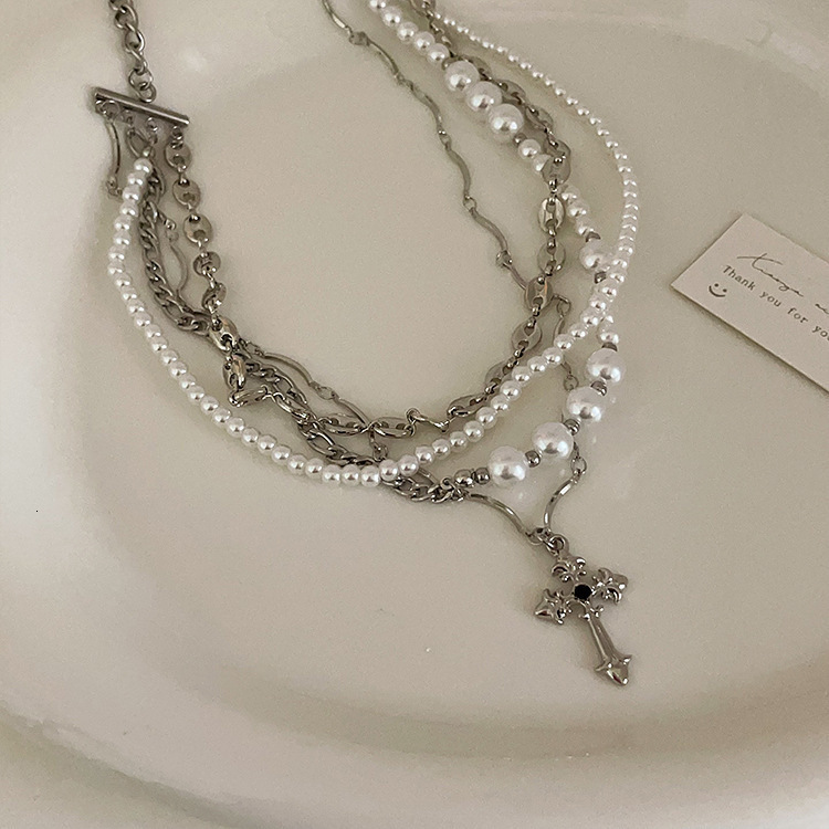 Luxury Jewelry Designer Jewelry Heavy Craft Multi-layer Cross Pearl Titanium Steel Necklace For Men And Women Fashion Trendy Personality Niche Design 