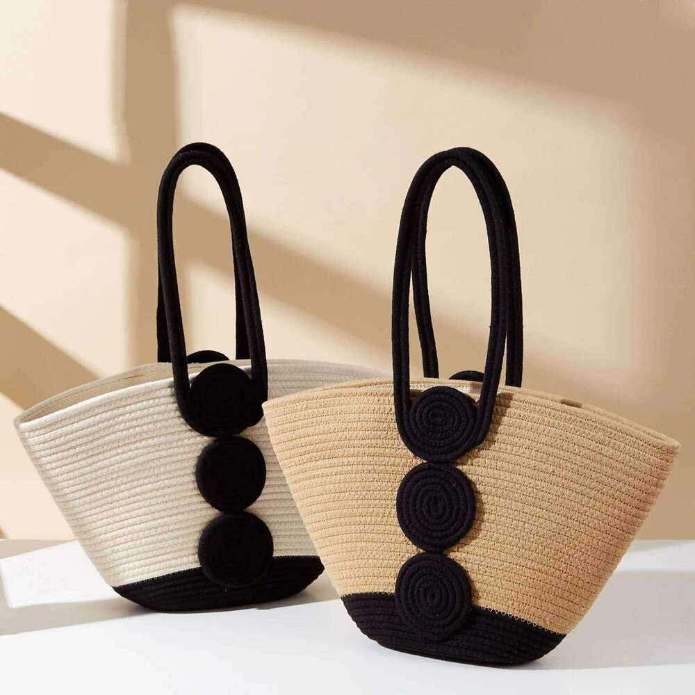 New Cotton Thread Straw Wheel Women's Woven Handheld Vacation Leisure Street Photography Shoulder Beach Bag