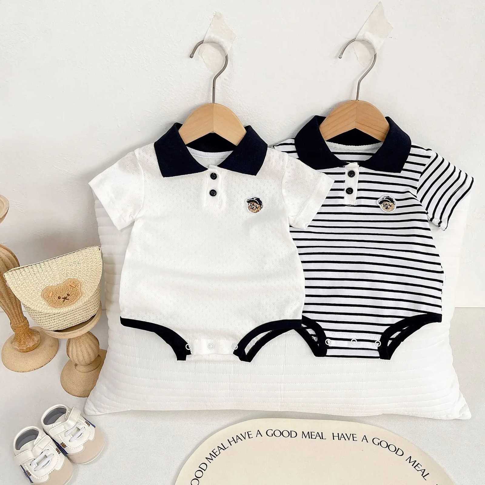 Summer Baby White Striped Bodysuits for Newborn Boys Girls Romper Onesie Cotton Short Sleeve Turn Down Collar Infant Jumpsuit Z250712