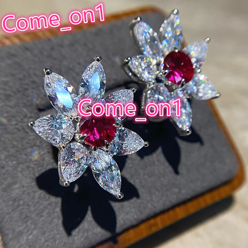 Exquisite Flowers Design Ruby Red Crystal Silver Plated Earring for Wedding Engagement Cubic Zircon Hoop Earrings Women