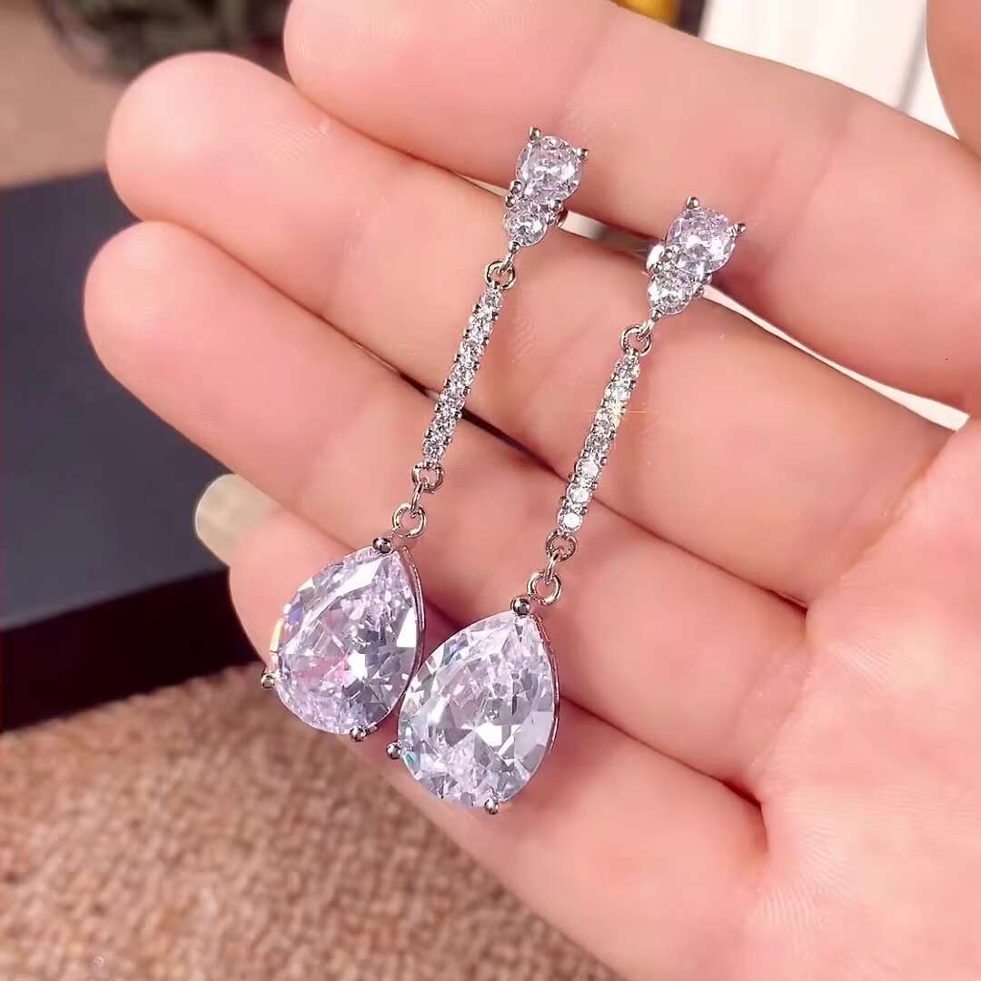 Luxury Women Jewelry Earrings Imitated Diamond Silver Plating Pear Design Elegant Wedding Women Long Hanging Earrings