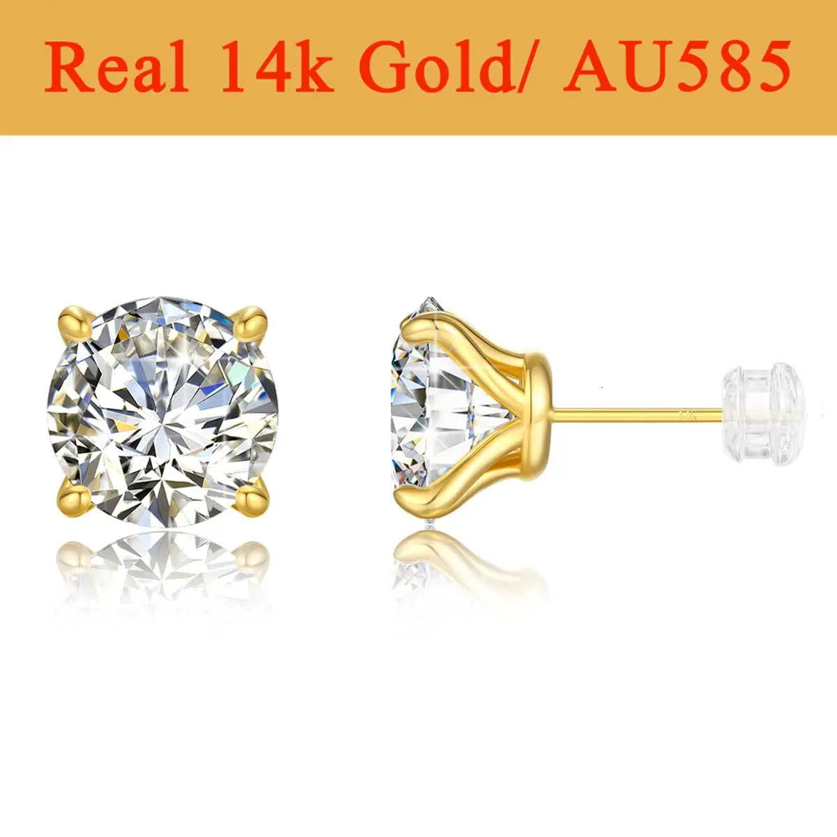 1pair 14K Gold Stud Earrings for Women Simple Classical 4-Prong Lab Diamond Ear Stud Wedding Engagement Gift Jewelry 250708