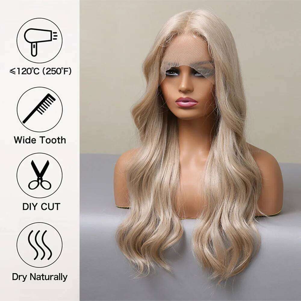 HENRY MARGU Natural Wavy Synthetic Pre Plucked Blonde Long Daily Lace Frontal Hair Wig for Women Cosplay Heat Resistant