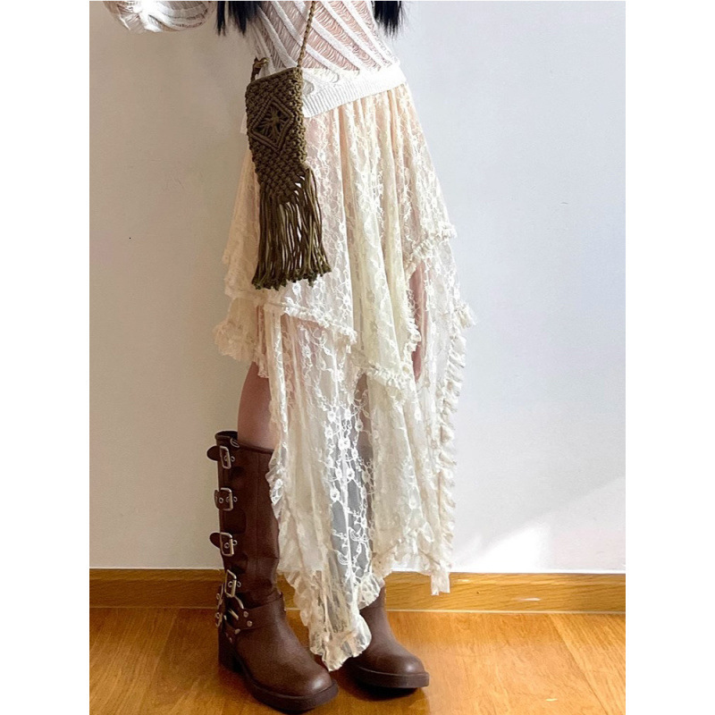 2025 Summer dress new women's skirt new French elegant apricot lace half skirt winter irregular high waisted skirt new luxury designer women'
