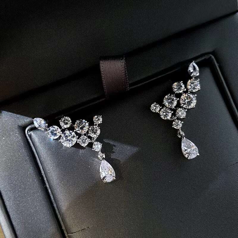 Angel Wing Feather 925 Silver Plated Zircon Diamond Engagement Wedding Cc Drop Stud Earrings for Women