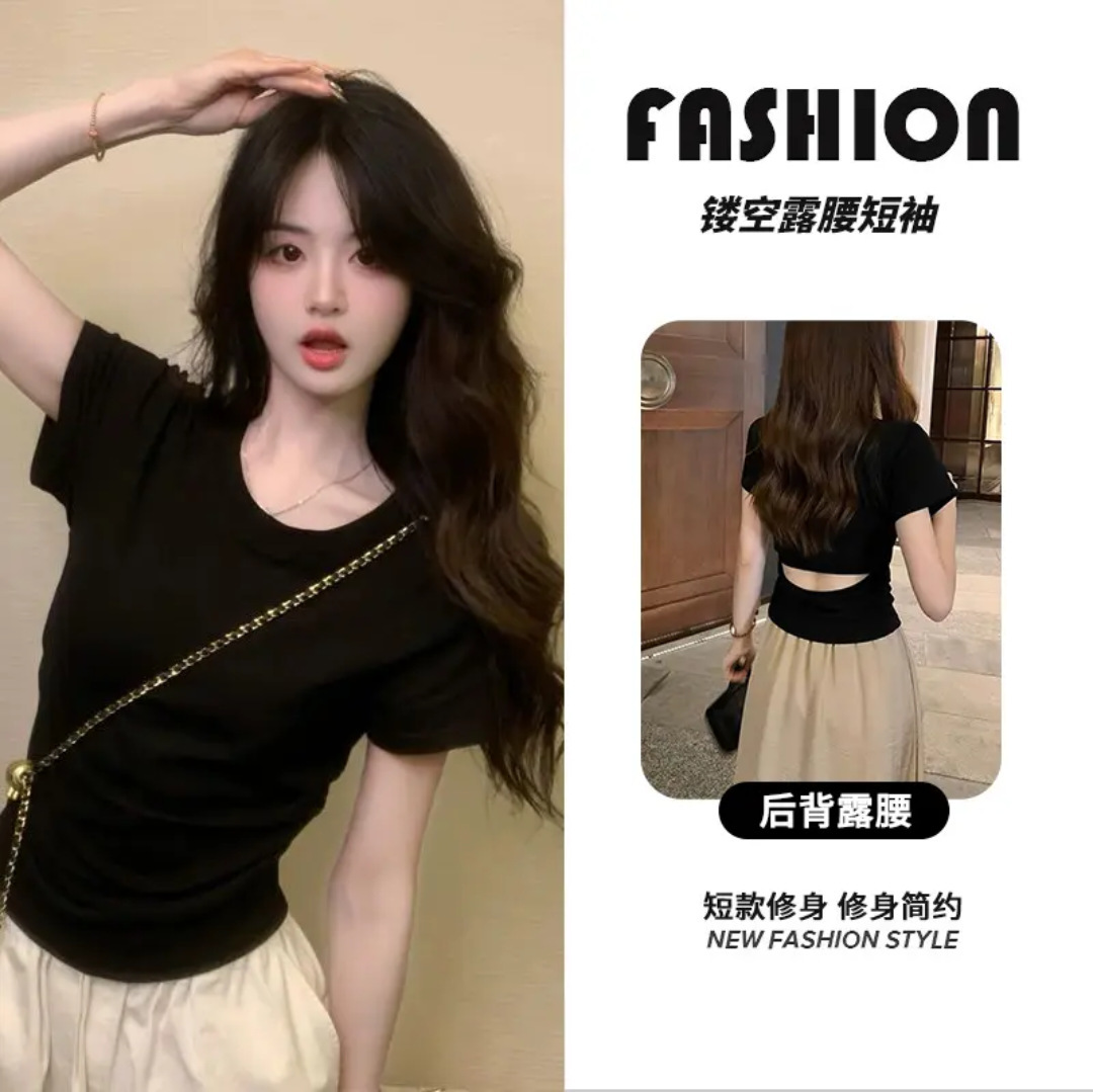 New women's top with hollowed out back and exposed waist short sleeved women's T-shirt design, slim fit shoulder round neck women's top