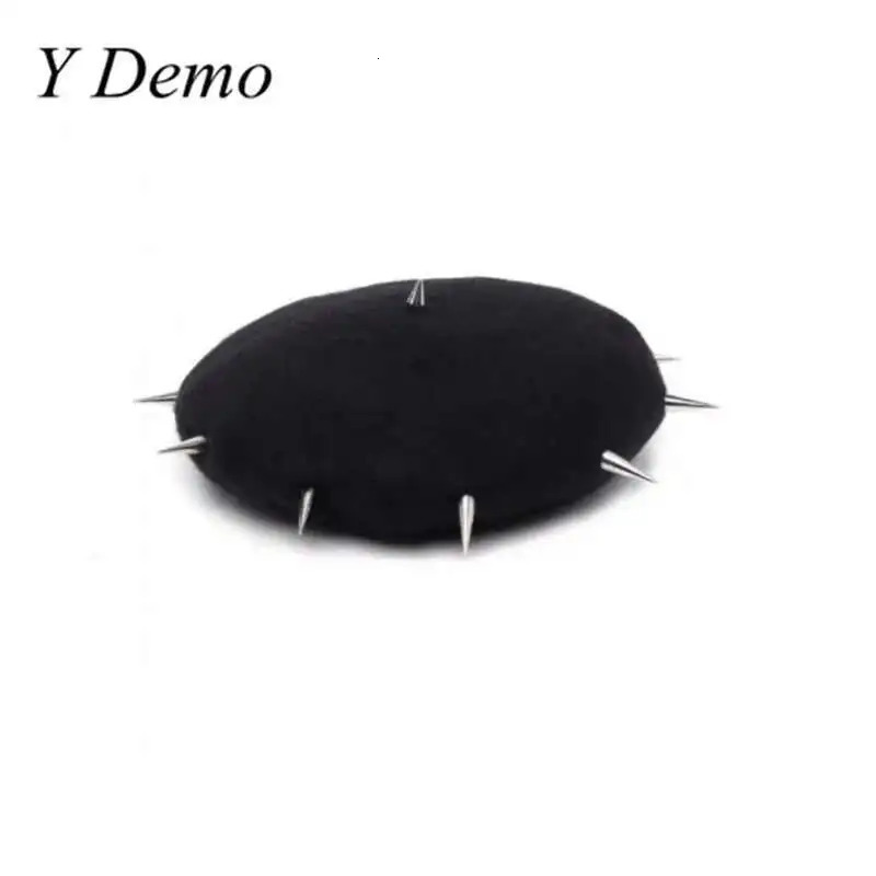 Y Demo Punk Rock Rivets Pu Splicing Womens Beret Hat Streetwear Woolen Sparks Adjustable Black Hats 250712