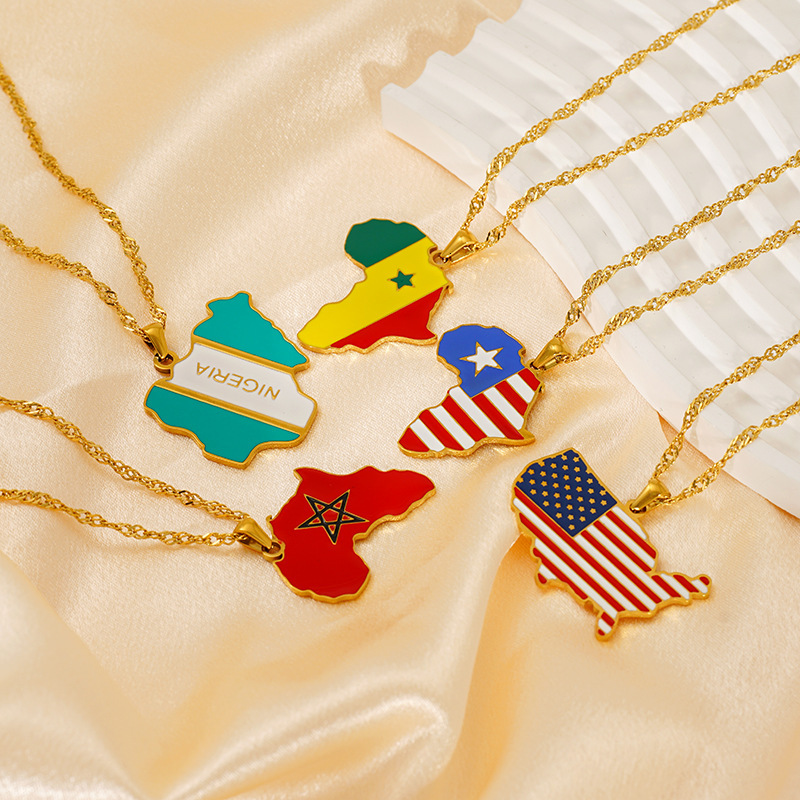 Luxury Jewelry Designer Jewelry Cross-border Personalized World Map Necklace For Women USA Nigeria Africa 18K Gold Plated Oil Drop Titanium Steel Clav