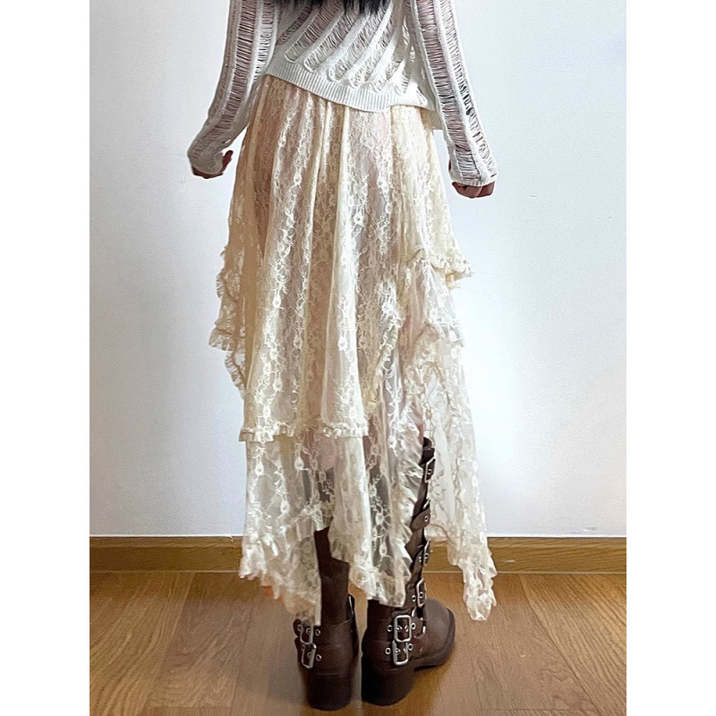 2025 Summer dress new women's skirt new French elegant apricot lace half skirt winter irregular high waisted skirt new luxury designer women'