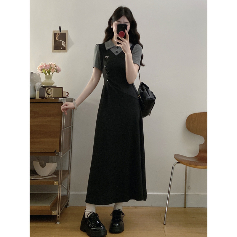 2025 Summer dress new women's dress French fake two-piece set Polo collar dress new college style slim and elegant long dress new designer luxury