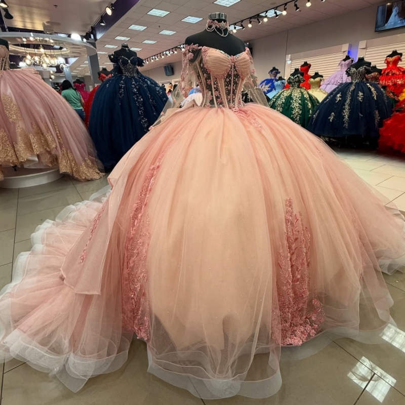 Pink Quinceanera Dresses Ball Gown Off The Shoulder Applique Lace Beads Bow Tull Corset Party Birthday Sweet 16 Dress Vestidos 15 Anos