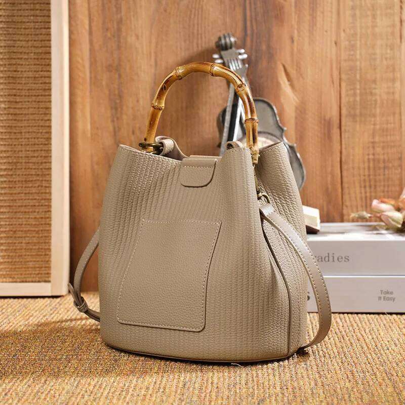 2025 New Genuine Leather Women Handbags Bamboo Handle Single-shoulder Messenger Bucket Bag Small Portable Tote Bags