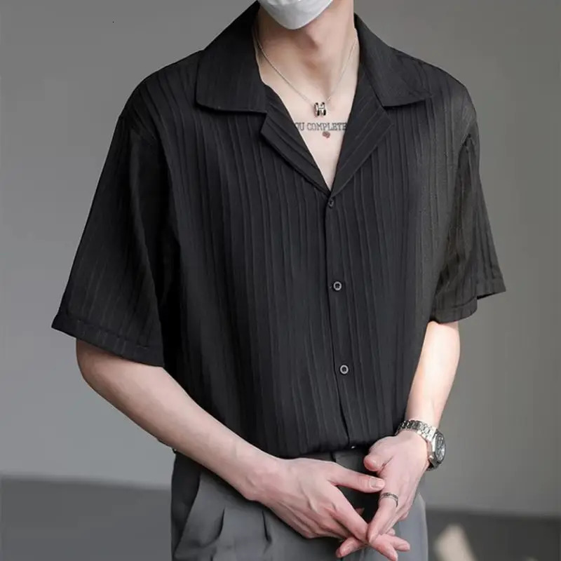 Mens Shirt Black Loose Short Sleeve Male Shirts with Collar High Quality Sleeves Silk in Vintage Slim Fit 250707