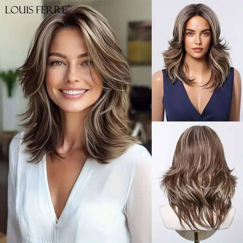 Brown Blonde Highlights Medium Length Wavy Fake Hair For Women Daily Use Natural Middle Part Heat Resistant Synthetic Wigs